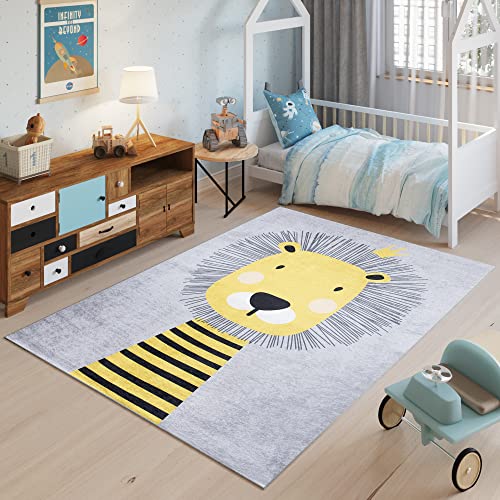 TAPISO Emma Alfombra Antideslizante de Habitación Infantil Juvenil Dormitorio de Niño Bebé Diseño Moderno León Gris Amarillo Patrón Impreso Sin Pelo Suave 140 x 200 cm