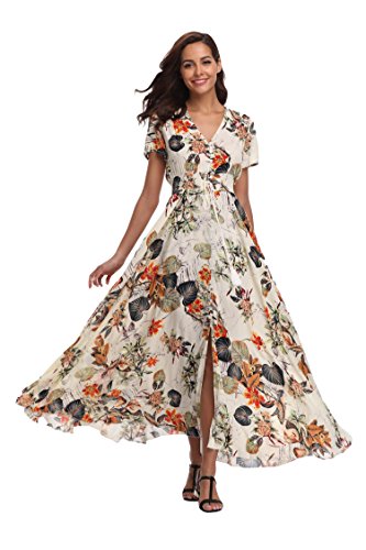 Ferrendo Women's Floral Maxi Dress Button Up Split Flowy Bohemian Party Beach Dresses Beige