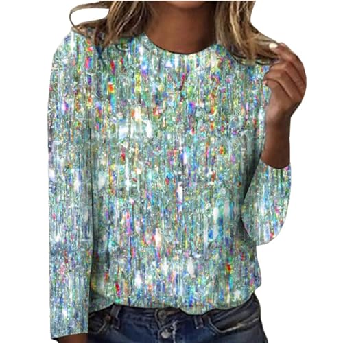 Camisetas de mujer Primavera Nueva impresión de brillo fino talla grande cuello redondo manga larga pijamas seda mujer, azul, S