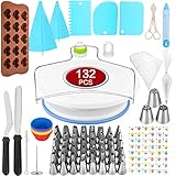 132 Pcs Cake Decorating Supplies kit with Turntable,48 Pcs Numbered Icing Tips and 3 Pcs Russian Piping Nozzles,12 Pcs Cupcake Moulds