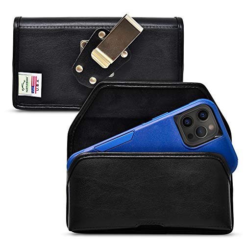 Turtleback Belt Case Designed for iPhone 14 Pro Max, 14 Plus, 12 & 13 Pro Max Fits with Shockproof OB Commuter, Black Leather Holster Pouch with Heavy Duty Rotating Belt Clip, Horizontal Made in USA