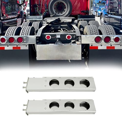 Image of Stainless Steel Mud Flap Hanger Set 2-1 /2 inch Bolt Spacing 30 inch Length Rear Bar with Light Cutouts for Semi Trucks, 2.5 inch Bolt Spring Loaded with Aluminum Reflective Tapes (Circle Light Cutouts)