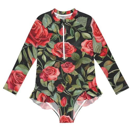 Girls One Piece Swimsuits Long Sleeve Swimsuit Zipper Bathing Suits Red Roses Flower Black