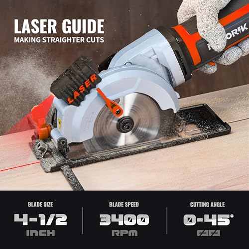 NovorikX 20V Mini Circular Saw Cordless 4-1/2" with Laser 3400RPM, 2 Saw Blades with Rip Guides, Max Cutting Depth 1-11/16" (90°), 1-1/10" (45°) for Wood,Soft Metal, Plastic, Drywwall, Tile Cuts - Image 3