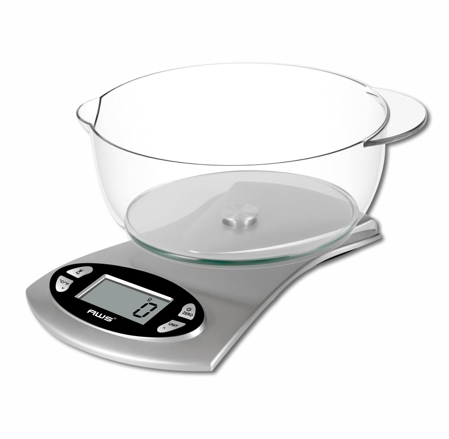 AWS Kitchen Pro - Báscula digital de precisión para alimentos de 0,1 g/0,001 onzas con vidrio templado, cuenco apto para lavavajillas, tara, temporizador, reloj y pantalla de temperatura ambiente |