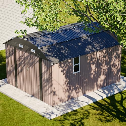 Image of YOPTO 10x12 FT Outdoor Storage Shed,Heavy Duty Metal Shed W /Floor Frame & 2 Windows,Garden Shed W / 4 Air Vents,Diamond-Shape Roof & Lockable Door,for Backyard,Patio,Lawn,Brown