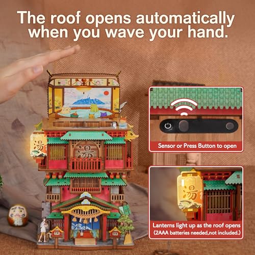 Image of Tonecheer 3D Puzzle Kit for Adults, DIY Wooden Model Building Set Desktop Storage Kit Box Japanese Miniature Doll House, Home Decor Wood Craft Auto-Sensing Gift for Christmas Birthday (Onsen Saga)