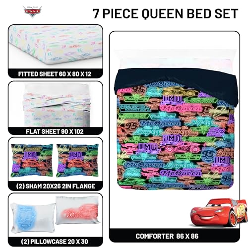 Image of Disney Pixar Cars McQueen Queen Comforter Set 7 Piece Kids Bedding, Black