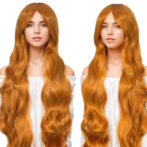 Image of Rose bud Hair Cosplay Wig with Bangs Orange 32 Inches Long Wavy Wigs for Women Lady Halloween Anime Party
