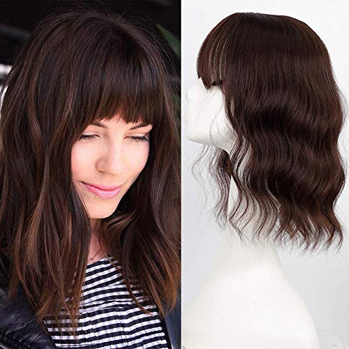 Lativ Hair Topper with Bangs Short Wavy Synthetic Hair Extensions Synthetic Wiglets for Women Dark Brown mix Dark Auburn Hairpieces Clip on Top for Thin Hair(Wave Hair Topper, 4/33#)