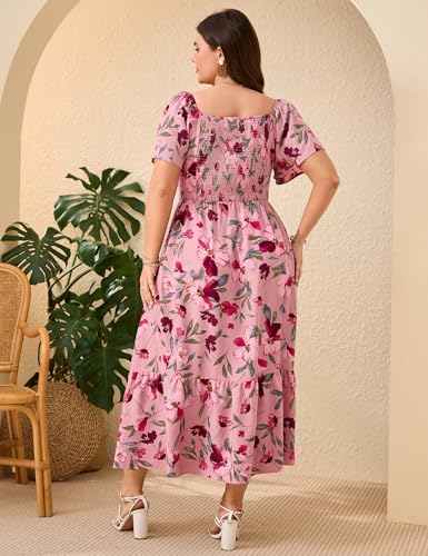 Image of ShopWonder Women Plus Size Dress Short Sleeve Square Neck Floral Maxi Pleated Ruffle A Line Long Dress