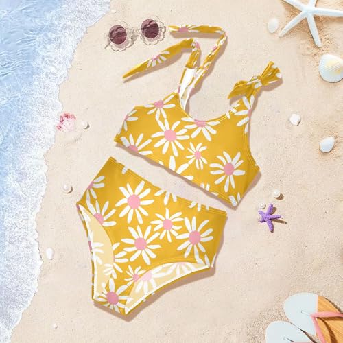 JUNZAN Cartoon White Daisy Yellow Girls Bikinis Sets Adjustable Strap 2 Piece Swimwear Girls Bikini Bottom 3T4