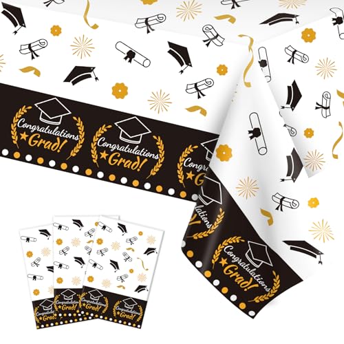Graduation Decorations 2026, 3 Pack Black Gold Plastic Graduation Tablecloths Disposable, Grad Table Party Decorations Class of 2026 Grad Table Cloths Covers Decor Party Supplies Favors Ideas