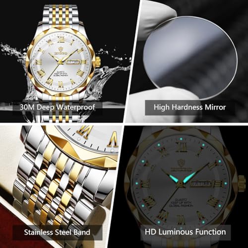 Image of BINBOND Men's Watch Luxury Business Dress Analog Quartz Stainless Steel Casual Date Wrist Watches for Men Easy Read Roman Numeral Large Dial Waterproof Luminous