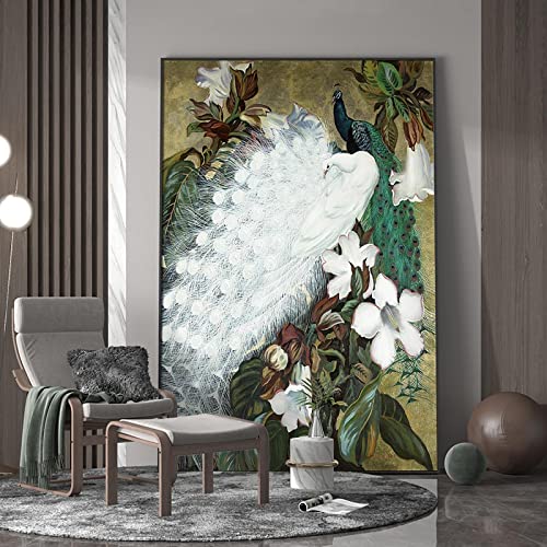 Toile paon vert et blanc KEBIA 60x80cm art mural abstrait moderne sans cadre