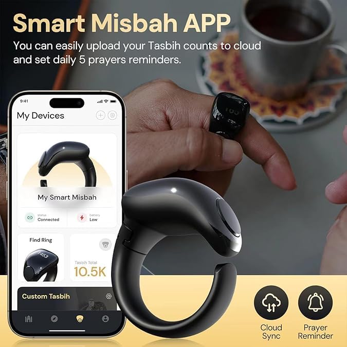 Image of Tasbih Zikr Smart Ring Clock, Adjustable Counter, 2 Sizes (18 and 20mm), APP Support Digital Counter Prayer Reminder Ring, Waterproof 4 Digit Finger Counter Zikr Ring for Muslims (Black)