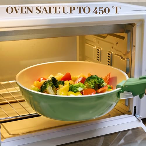 Image of Ceramic Cookware Set Non Stick 23Pcs Pots and Pans Set Non Toxic with Detachable Handle Induction Kitchen Cookware Set Space Saving, Oven & Dishwasher Safe, Green