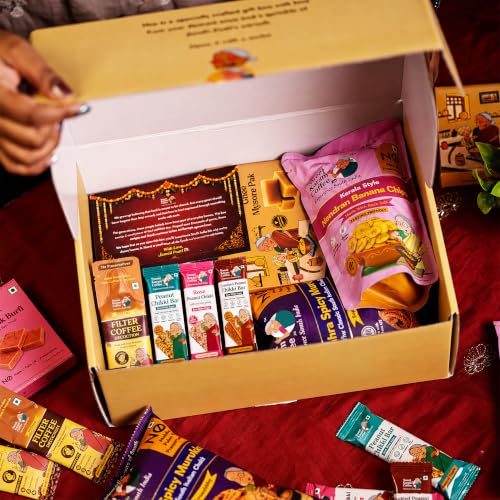 Image of Sweet Karam Coffee The Soul of South India Rakhi Gift Hamper | Ghee Mysorepak, Rose Milk Burfi, Ragi Laddu, Andhra Spicy Murukku, Nendran Banana Chips, 3 Distinct Chikki Bars & Filter Coffee Decoction | Raksha Bandhan Festive Gift Pack for Brother Sister Bhaiya Bhabi | Traditional Indian Sweets & Savoury Snacks Combo