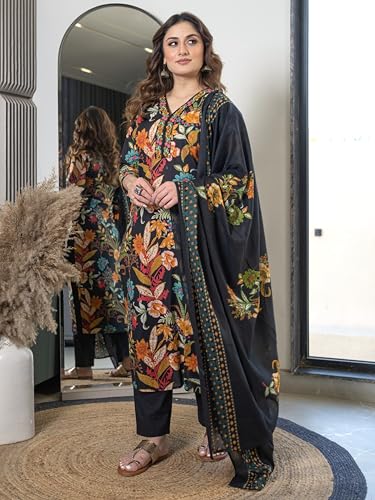 Image of Arayna Women's Pure Cotton Floral Kurta Set with Pants & Dupatta | Embroidered V-Neck Ethnic Suit