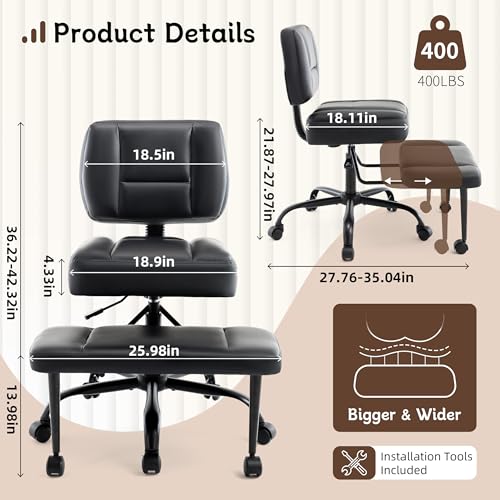 Image of Ergonomic Criss Cross Legged Office Chair, ADHD Chair, 360 Swivel Meditation Kneeling Chair with Wheels, Adjustable Footrest, Bigger & Wider Height Adjustable Seat, Strong Lumbar Support, Black PU