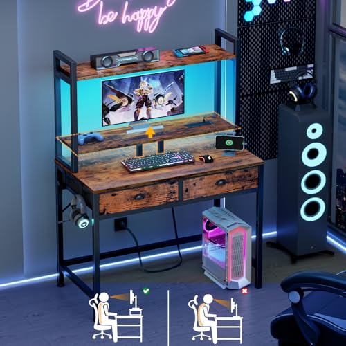 Furologee-Small-Computer-Desk-with-Drawers-36-Inch-Home-Office-Desks-with-Power-Outlet-and-LED-Light-Gaming-Desk-with-Monitor-Stand-Modern-WorkWritingStudy-Table-for-Bedroom-Rustic-Brown