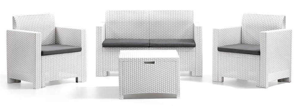 Generico Set Salotto sallottino da Esterno Nebraska in Rattan - BIANCO - per 4 Persone con 4 Cuscini Inclusi