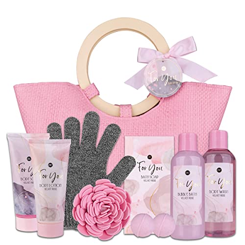 Coffret de bain Accentra PINK ROSE dans un sac à main : gel douche, lait corporel, bain moussant, gommage corporel, savon, boule de bain, éponge et gant...