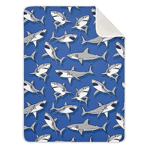Image of Swaddle Blanket for Blue Cartoon Shark Fish Baby Receiving Blanket Muslin Baby Swaddles Soft Cotton Breathable Nursery Blankets for Unisex Boys and Girls 30x40 Inch
