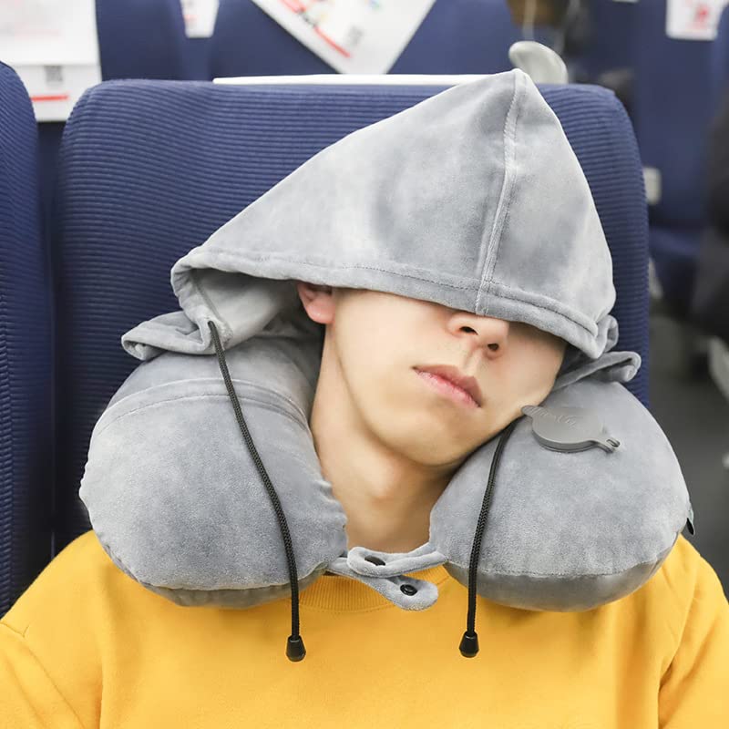 DEONG Inflatable Neck Pillow for Airplane Travel, Car, Train or Relaxing at Home, Sleep Rest Traveling Pillow, Comfortable for Your Neck and Includes Privacy Hood - Gray