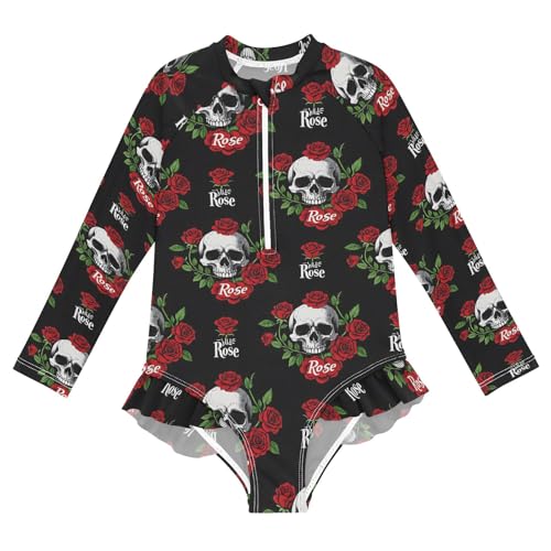 ALAZA Swimsuit for Girls Long Sleeve Rashguard Bathing Suit Skull Rose Quick Dry 4T
