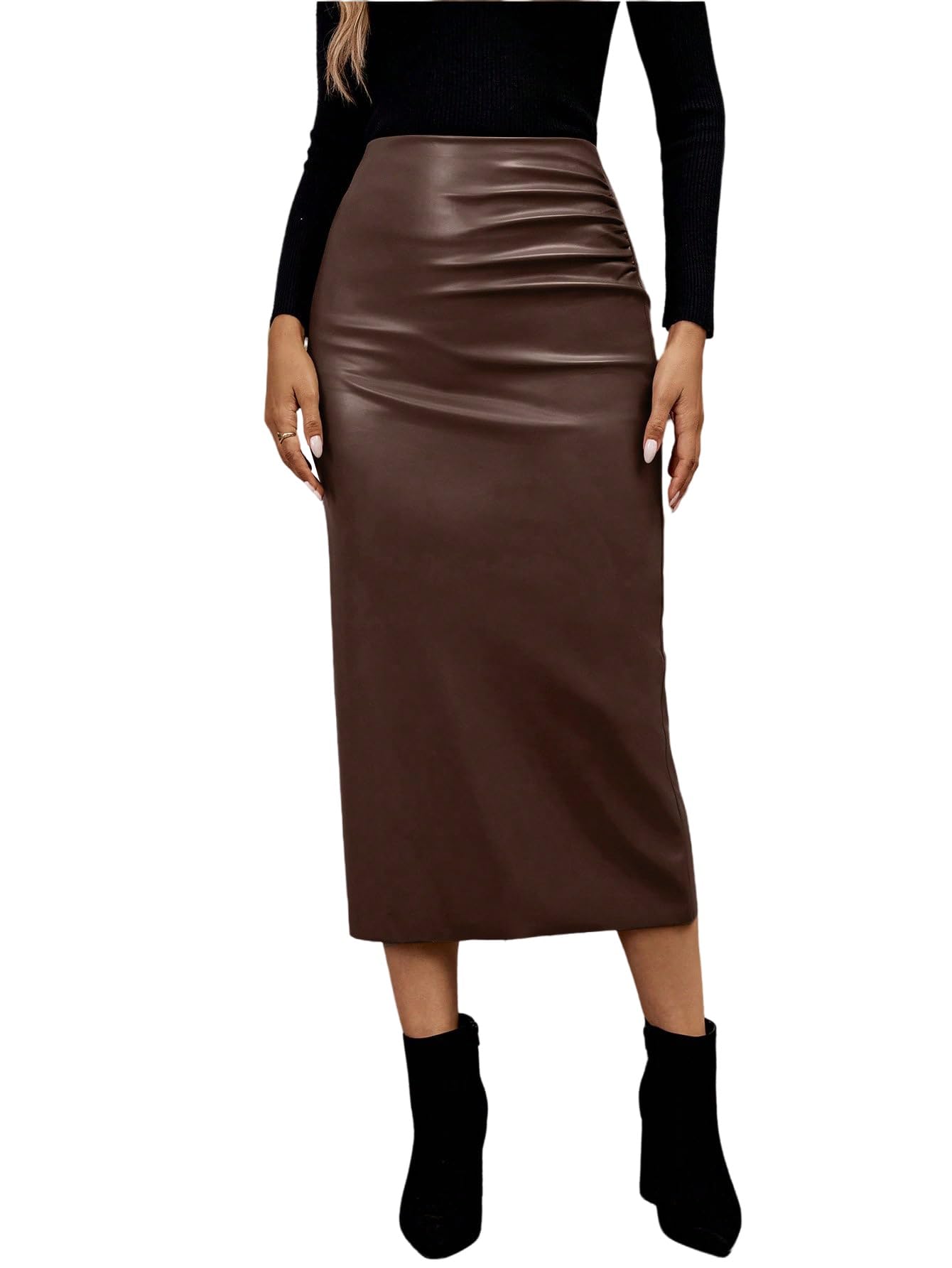 GORGLITTER Gonna da donna elegante in pelle PU, gonna midi in similpelle, con fessura, gonna lunga