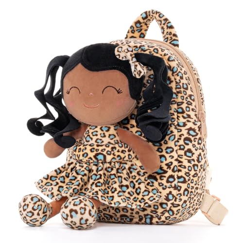 Image of Gloveleya Toddler Backpack Baby Girl Gifts Curly Hair Plush Figures Dress Backpack Kids Backpack Curly Hair Spring Girl - Black Leopard 9inches