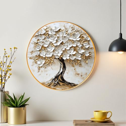 Image of PAINTINGMANTRA Tree of Life Wall Art Painting for Living Room, Floral White Flowers Painting with Round Frame for Home Bedroom and Office, 12 Inch