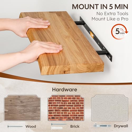 Image of 55 inch Floating Shelves, Solid Elm Wood, Natural Live Edge
