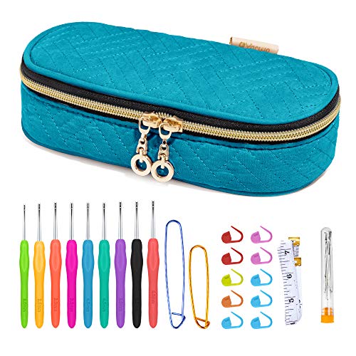 YARWO Kit de Ganchillos con Bolsa, Ganchos de Ganchillo Ergonómicos de 9 Piezas, Agujas romas de Ojos Grandes, Agujas de Crochet y Accesorios, Verde Azulado.