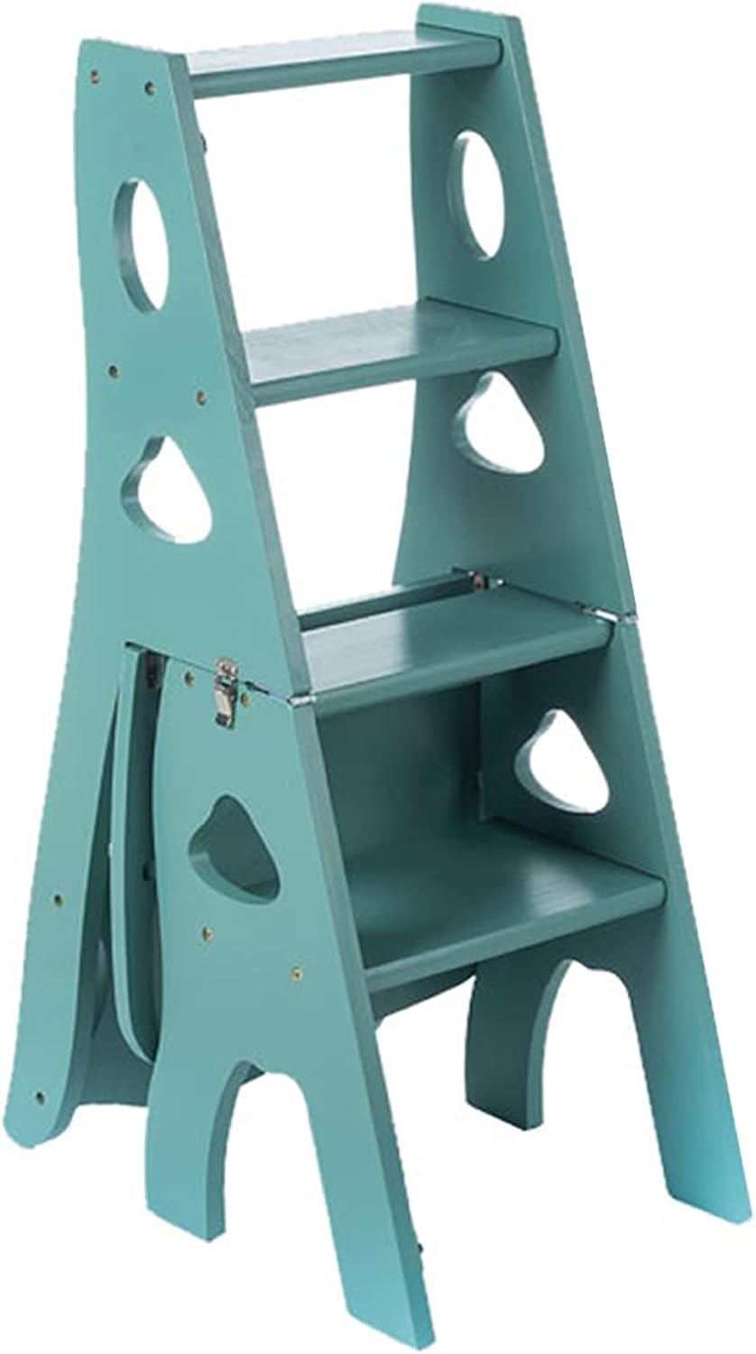 Folding Step Ladders Chairs Wooden Ladder Stool，Portable Stepladder 4 Step Stairs Chair Multifunction Stairway Chairs Bookshelf Display Shelves