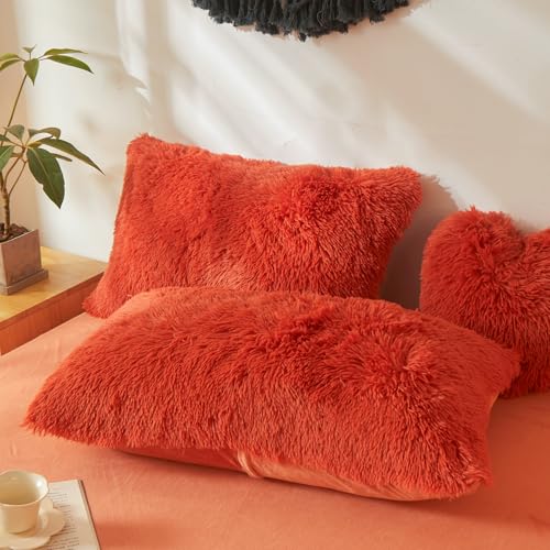 Fluffy Faux Fur Terracotta Comforter Cover King Set – Plush Fluffy Terracotta Bedding 3-Piece Set (1 Duvet Cover + 2 Furry Pillow Shams) Cozy Bed Set
