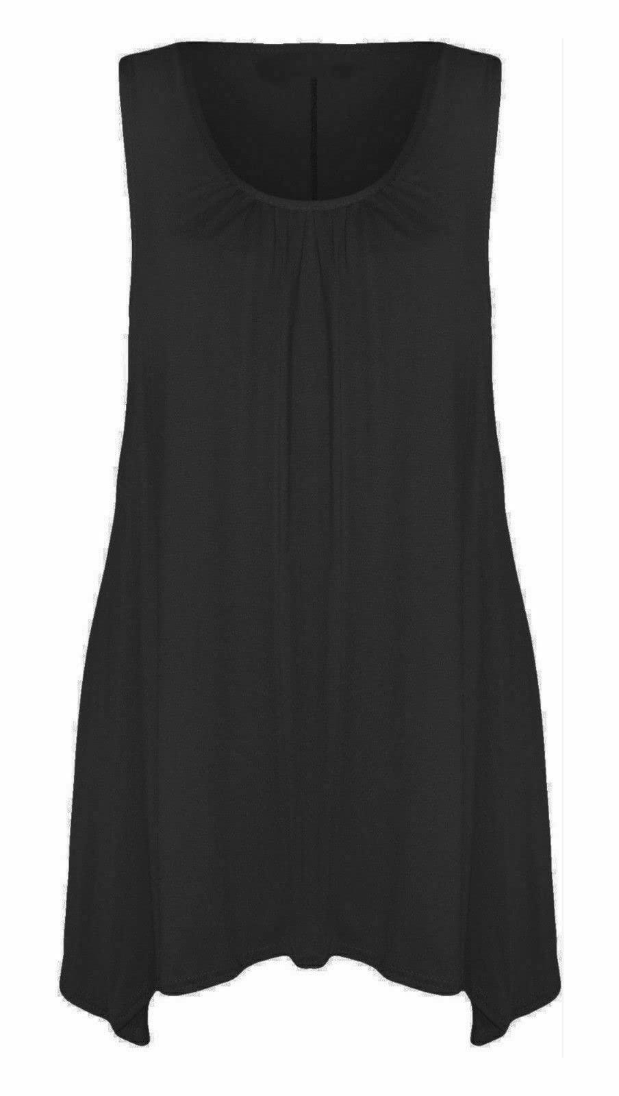 Real Life Fashion Ltd Women's Black Sleeveless Hanky Hem Top Plain Gathered Top Scoop Neck Tunic Shirt Flared Vest Top