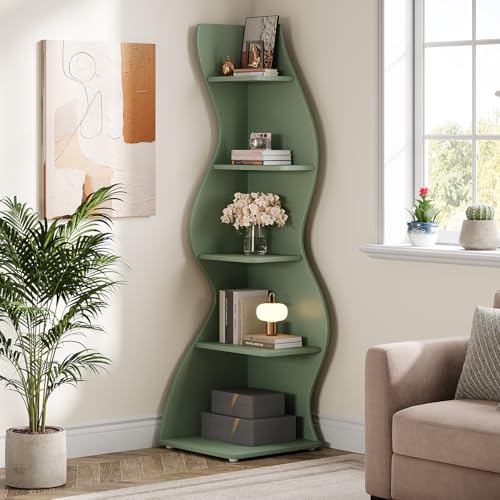 Tribesigns Wavy Corner Shelf, Modern 5-Tier Bookshelf Bookcase with Curvy Shape, Unique Plant Stand Display Rack for Living Room Small Space (Green)