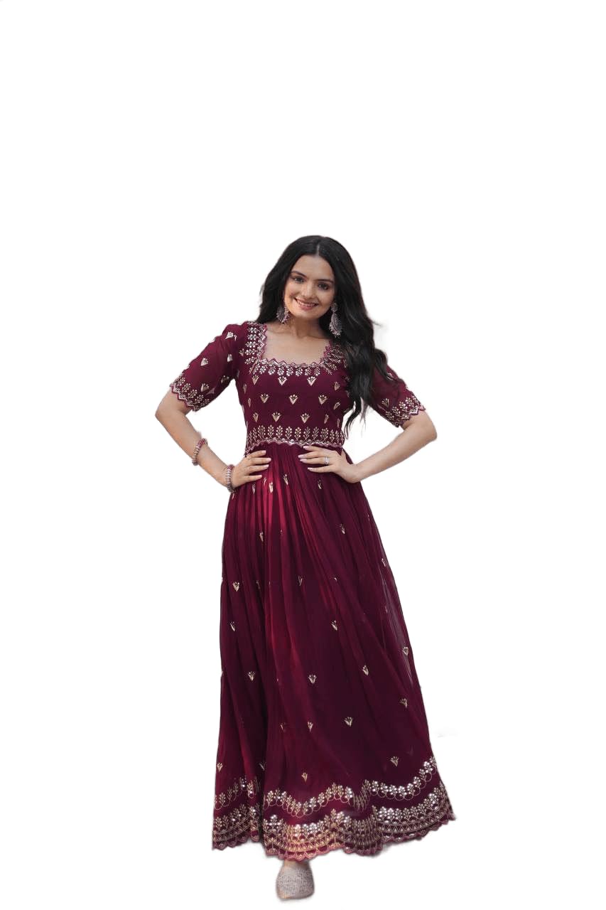 Women's Designer Embroidered Crepe Gown with Zari & Sequins Work | Elegant Square Neck Anarkali Ethnic Maxi Dress for Wedding, Festival, Reception & Traditional Occasions-image-21