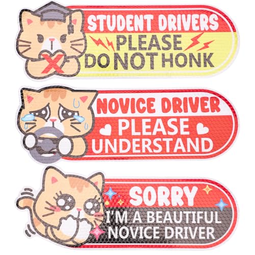 Image of 3pcs Student Driver Magnet for Car, 9.84x3.54in Funny Pink Reflective Novice Driver Magnetic Bumper Stickers Cute Cat Safety Awareness Sign for Rookies Weather Resistant & Detachable