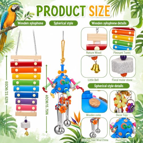 Image of Seenelling 4 Pcs Extra Large Bird Toys for Parrots, Ring and Ball | Multicolored Natural Wooden Blocks & Beads Bells, Bird Cage Chewing Toys for Large Medium Macaws African Grey Cockatoos