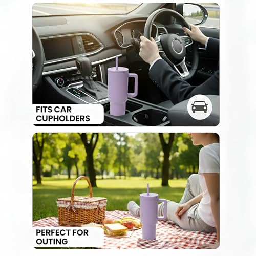 Image of Personalised 1200ml Insulated Stainless Steel Tumbler with Handle and Straw Lid - Large Travel Mug for Coffee & Water, Double Wall Vacuum Cup, Car Cupholder Friendly (Lavender Mist)