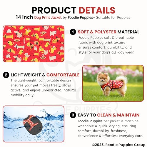 Image of Foodie Puppies Dog Winter Jacket - (Dog Printed, 14 Inch) for Small Dogs & Puppies | Ultra Warm Waterproof & Windproof Coat | Adjustable Velcro Closure, Washable Vest for Cold Weather