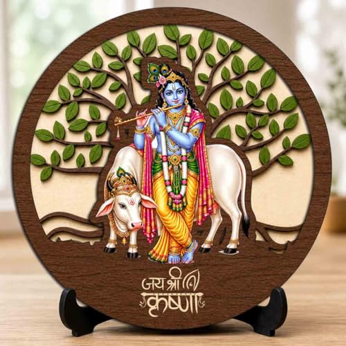 Image of Krishna Ji Wooden Murti for Home Mandir, Prayer Room, Table Top Decor & Spiritual Gifting - 5x5 Inch