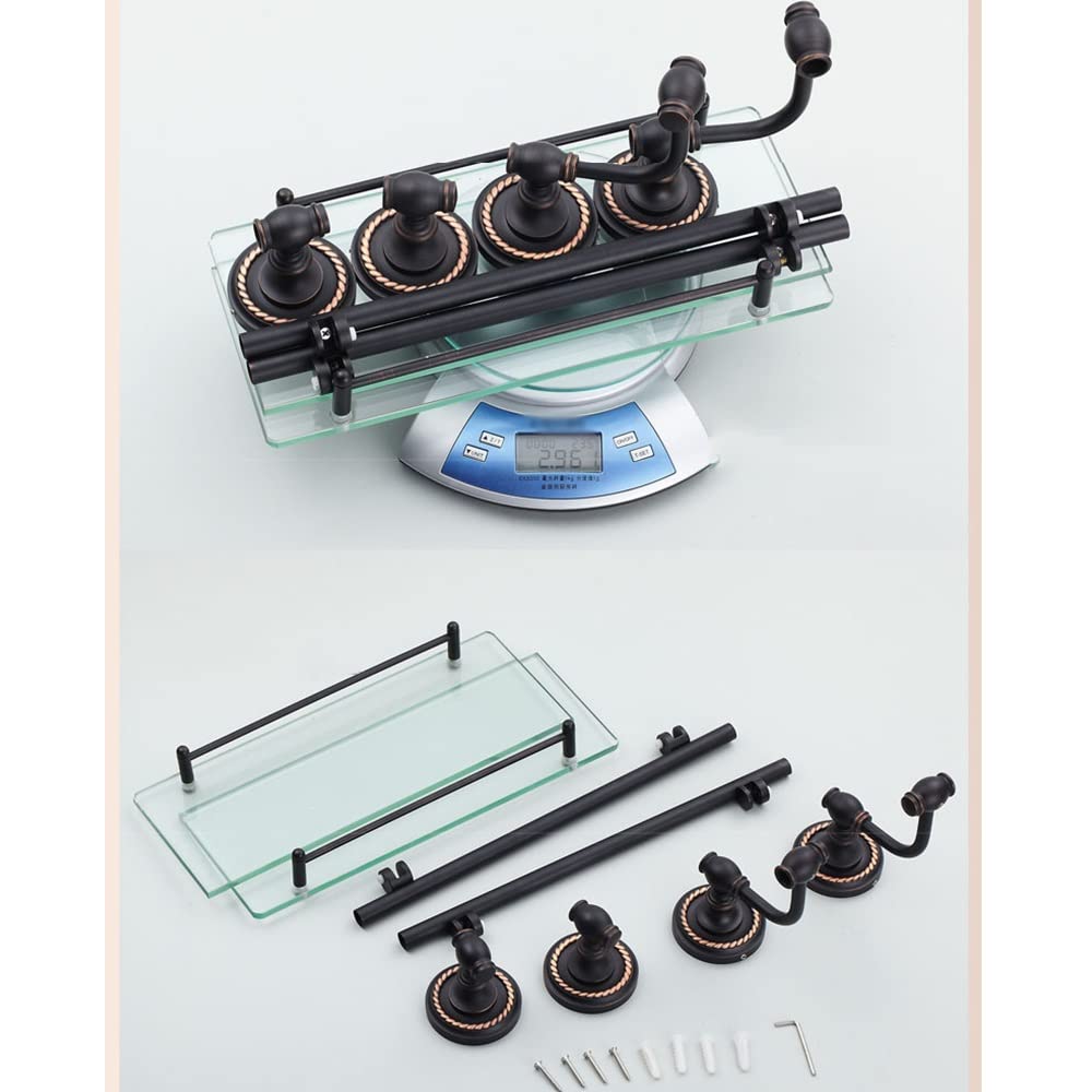 Estantes de baño exquisitos Caddy de Ducha Toallero de Bronce de Cobre Antiguo Negro, Estante de Vidrio Europeo con Barra Doble Cosméticos Almacenamiento de Estante de baño de 2 Capas