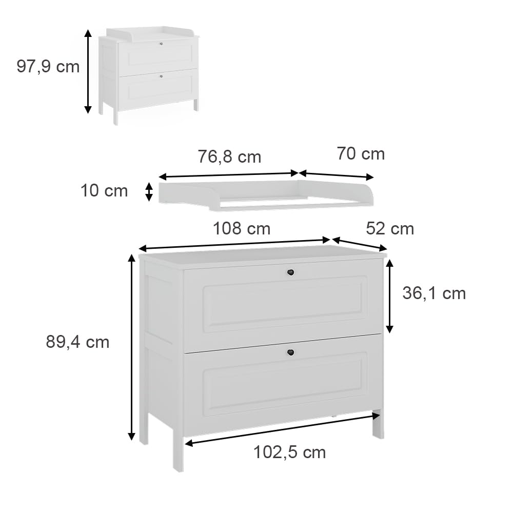 VitaliSpa Wickelkommode Ajaton, Weiß, 108 x 98 cm | mit 2 Schubladen, geeignet für handelsübliche Wickelauflagen bis 85 cm