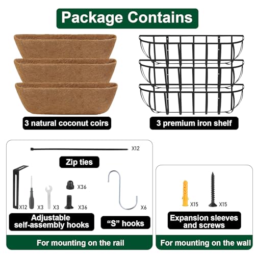 Image of DUNCHATY 24 Inch Railing Planter 3 Pack - Adjustable Metal Window Box Planter with Coco Liner for Deck Balcony Porch Fence - Outdoor Hanging Flower Basket for Herbs & Flowers