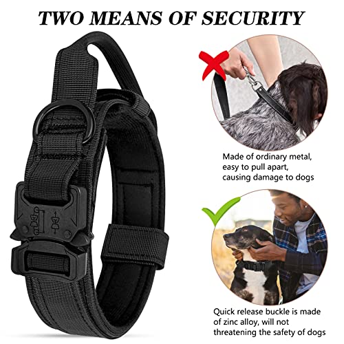 Ledeak Verstellbares Taktisches Hundehalsband mit Steuergriff, Militär-Nylon mit Metallschnalle für mittelgroße und große Hunde (L, Schwarz)