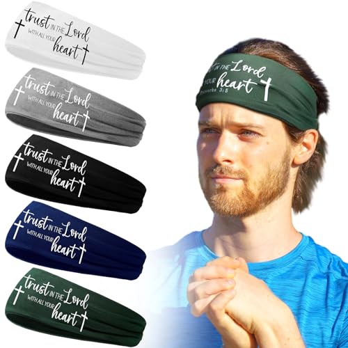 Image of 5 Pcs Christian Athletic Headbands Gifts Cross Headband for Men Women Bible Verse Workout Religious Stretchy Sweat Bands